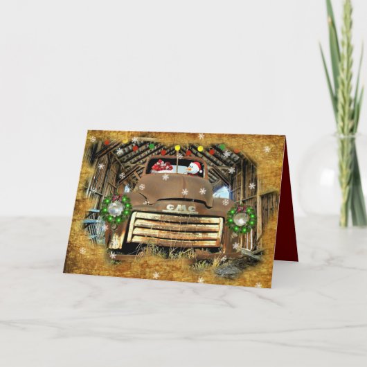 霜の降りたヴィンテージGMCトラックのクリスマス走 シーズンカード (正面)