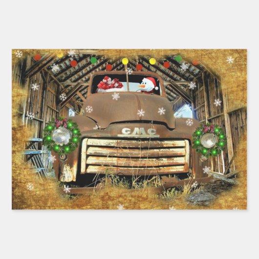 霜の降りたヴィンテージGMCトラックのクリスマス走 ラッピングペーパーシート (正面)