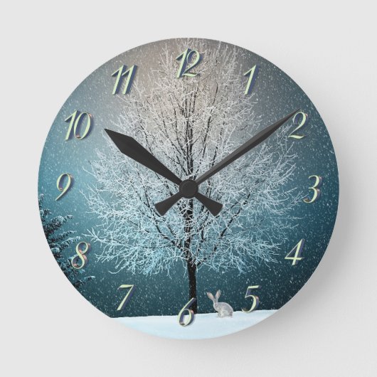 霜の降りた夕べの木 ラウンド壁時計 (正面)