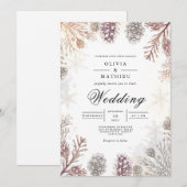 霜の降りた松ぼっくり冬のウェディング 招待状 (正面/裏面)