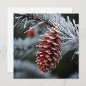 霜の降りた葉の装飾、松ぼっくりホリデーグリーティングカード シーズンカード (正面/裏面)