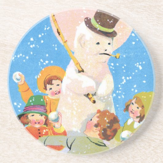霜の降りた雪だるまおよび子供 コースター (正面)