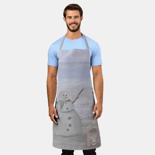 霜の降りた雪だるまアットザビーチラージエプロン エプロン (着用した状態)