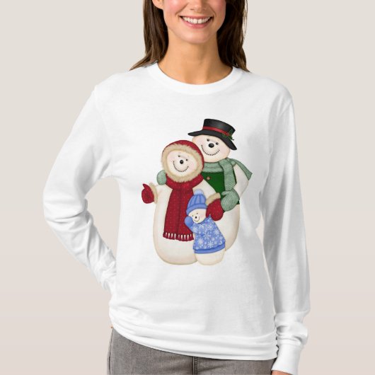 霜の降りた雪だるまファミリー – 青 Tシャツ (正面)