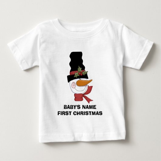 霜の降りた雪だるま初めてのクリスマスTシャツ ベビーTシャツ (正面)