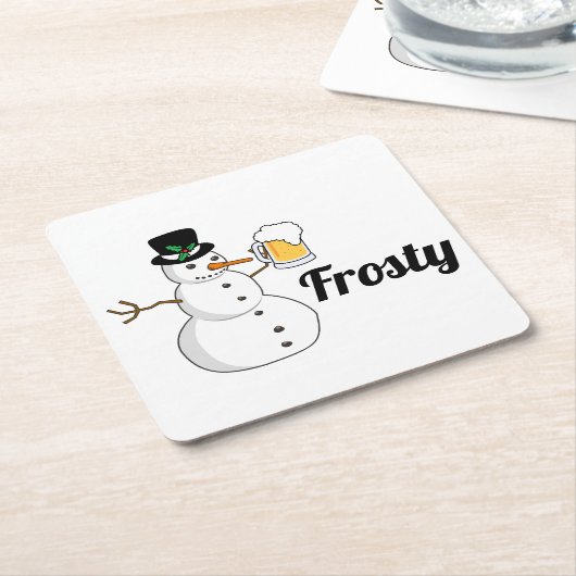 霜の降りた雪だるま スクエアペーパーコースター (アングル)