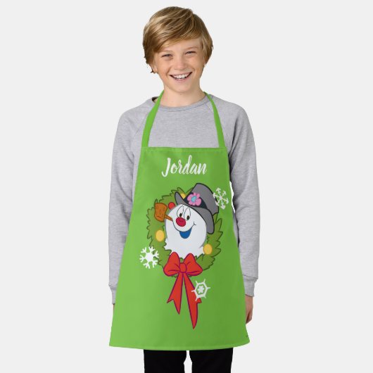 霜の降りた雪だるま™ |休日霜の降りたリース エプロン (着用した状態)