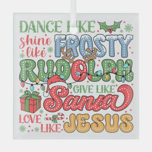 霜の降りた、ルドルフ、サンタとイエス ガラスオーナメント (正面)