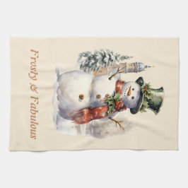 霜の降りた&素晴らしい可愛い雪だるまクリスマス キッチンタオル