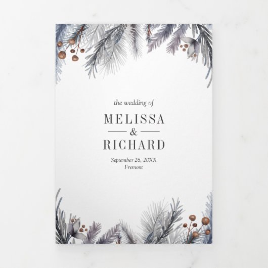 霜素朴の松葉の木の葉の冬の結婚式 三つ折り招待状 (カバー)