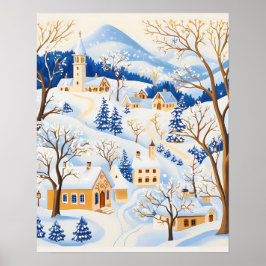 霜降った木々と雪に覆われた丘に囲まれた冬の村 ポスター