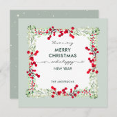 霜降りのミント緑の赤い冬の植物のクリスマス シーズンカード (正面/裏面)