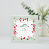 霜降りのミント緑の赤い冬の植物のクリスマス シーズンカード (スタンド正面)