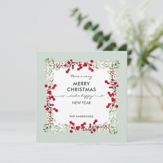 霜降りのミント緑の赤い冬の植物のクリスマス シーズンカード (スタンド正面)