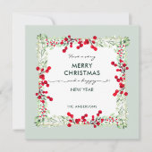 霜降りのミント緑の赤い冬の植物のクリスマス シーズンカード (正面)