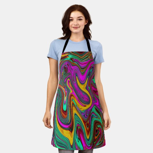 霜降りホットピンクと海泡グリーン抽象芸術アート エプロン (着用した状態)