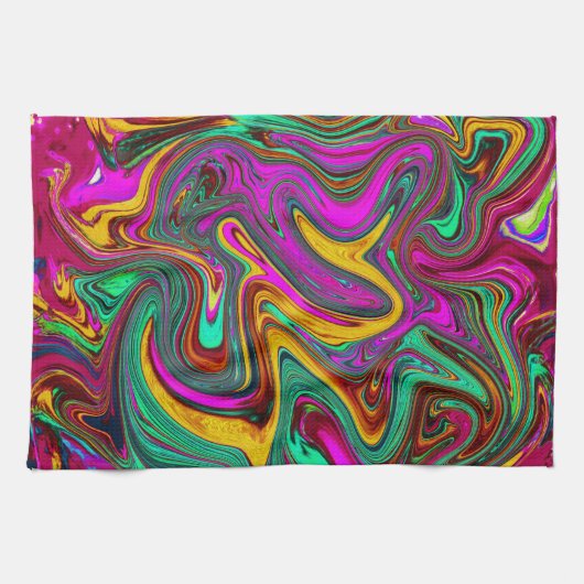 霜降りホットピンクと海泡グリーン抽象芸術アート キッチンタオル (横)