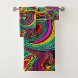 霜降りホットピンクと海泡グリーン抽象芸術アート バスタオルセット