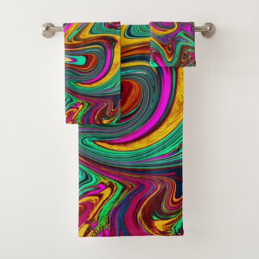 霜降りホットピンクと海泡グリーン抽象芸術アート バスタオルセット (インサイチュ)