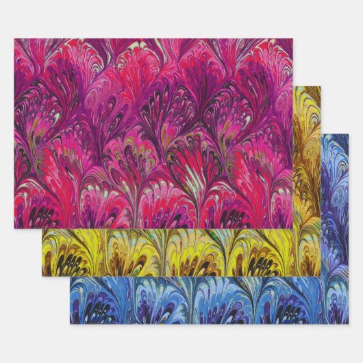 霜降り紙、抽象芸術ピンクブルーイエローパターン ラッピングペーパーシート (セット)