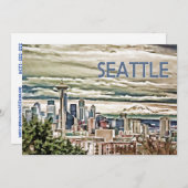 霧および雨のシアトルワシントン州のスカイライン 招待状 (正面/裏面)