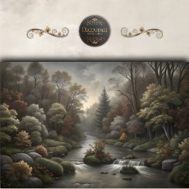 霧がかったウッドランド川カスケードのデコページ 薄葉紙