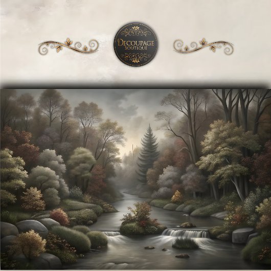 霧がかったウッドランド川カスケードのデコページ 薄葉紙