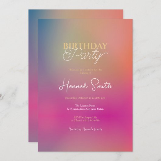 霧がかったサンセットピンク金ゴールドグラデーション 招待状 (正面/裏面)