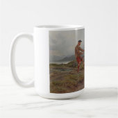 霧がかったスコットランドの風景の中の2つのシェトランドのポニー コーヒーマグカップ (左)