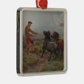 霧がかったスコットランドの風景の中の2つのシェトランドのポニー メタルオーナメント (右)