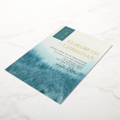 霧がかったフォレストマウンテンブルーウォーター結婚カラー 箔招待状 (回転した状態)