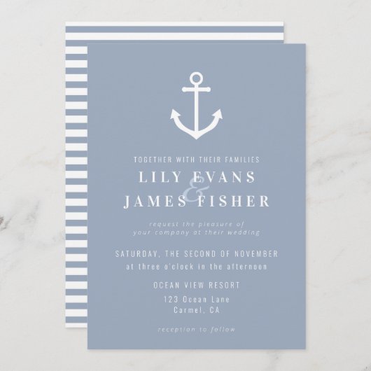 霧がかったモーニングブルー航海のグレイいかり結婚のイン 招待状 (正面/裏面)