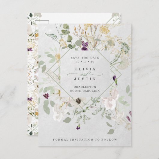 霧がかったワイルドフラワー | グレーの幾何学日付の保存 案内ポストカード (正面/裏面)