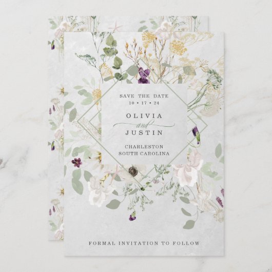 霧がかったワイルドフラワー |繊細な灰色の幾何学的 セーブザデート (正面/裏面)