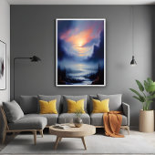 霧がかった山々の風景の上のエーテルの日の出 ポスター