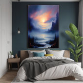 霧がかった山々の風景の上のエーテルの日の出 ポスター