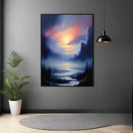 霧がかった山々の風景の上のエーテルの日の出 ポスター