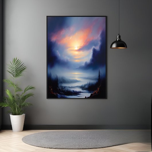 霧がかった山々の風景の上のエーテルの日の出 ポスター