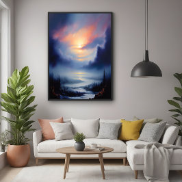 霧がかった山々の風景の上のエーテルの日の出 ポスター