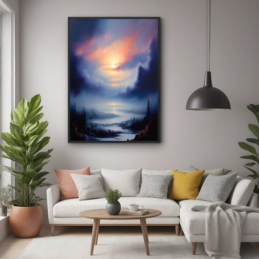 霧がかった山々の風景の上のエーテルの日の出 ポスター