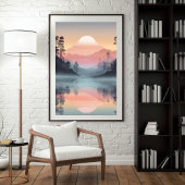 霧がかった山の上の穏やかな夕日 ポスター