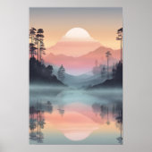 霧がかった山の上の穏やかな夕日 ポスター (正面)