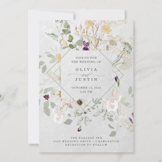 霧がかった山の花 |ソフトグレーのジオメト結婚リのイン 招待状 (正面)