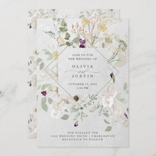 霧がかった山の花 |ソフトグレーのジオメト結婚リのイン 招待状 (正面/裏面)