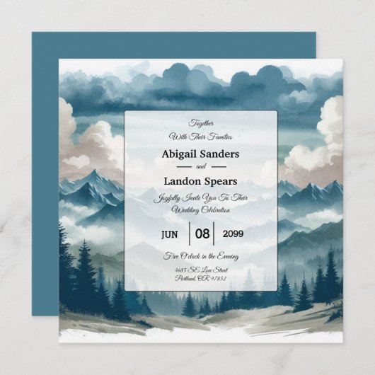 霧がかった松の木に響結婚く 招待状 (正面/裏面)