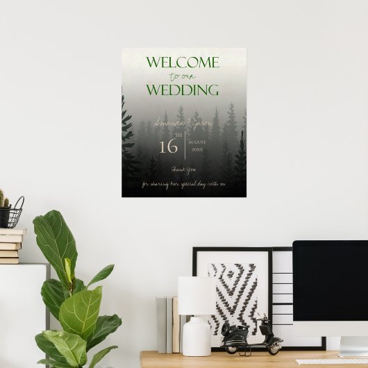 霧がかった森の木々が我々の結婚披露宴へようこそ ポスター (ホームオフィス)