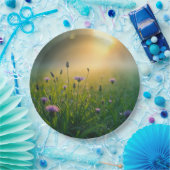 霧がかった牧草地に咲く紫の野草 ペーパープレート (パーティー)