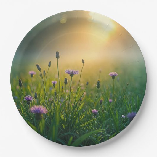 霧がかった牧草地に咲く紫の野草 ペーパープレート (正面)