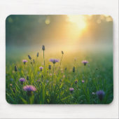 霧がかった牧草地に咲く紫の野草 マウスパッド (正面)