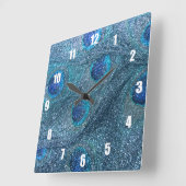 霧がかった青グリッター孔雀の羽 スクエア壁時計 (傾斜)